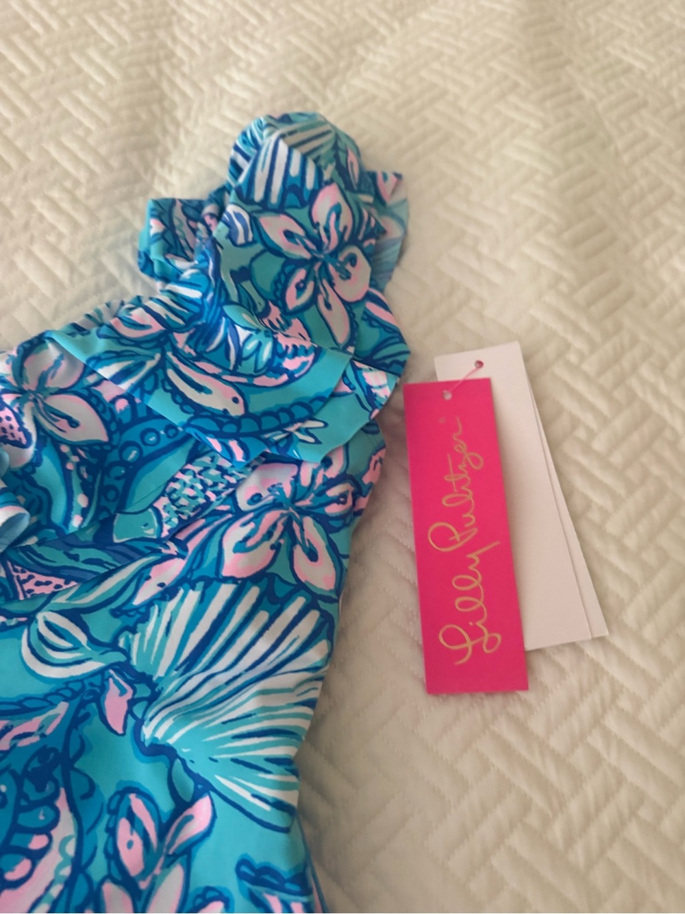 Lilly Pulitzer women’s Blue & Pink Ruffle One-Piece Swimsuit - Picture 3 of 5